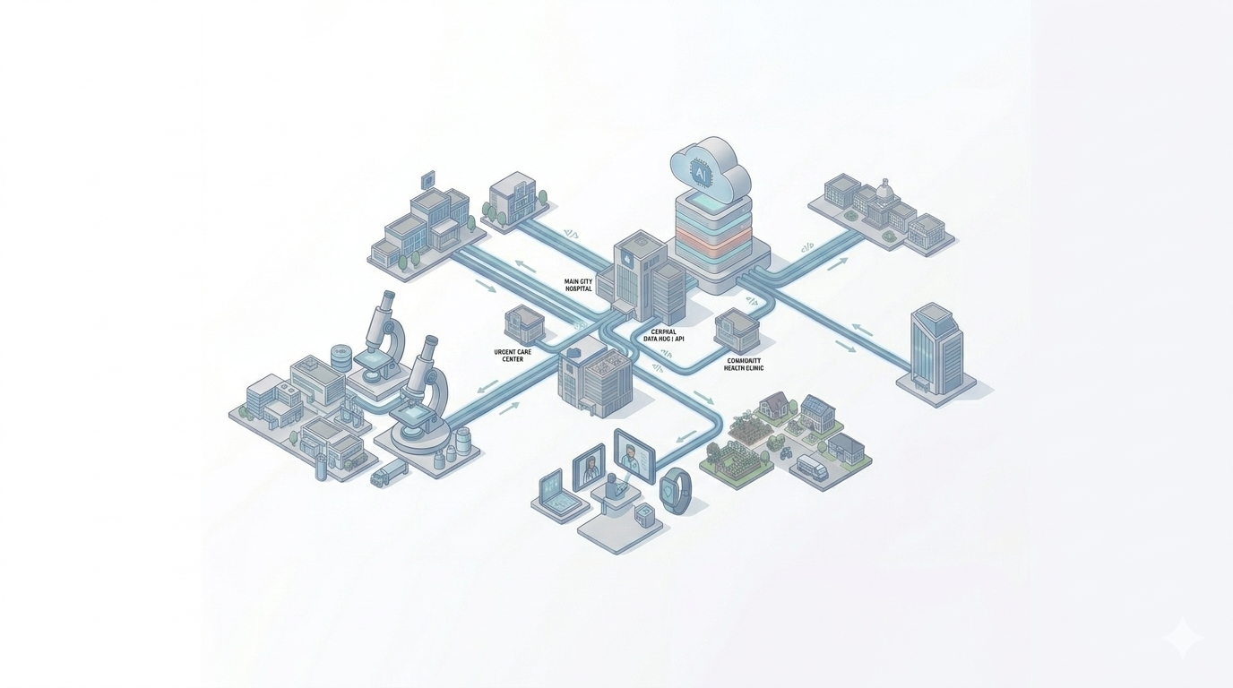 Integrated healthcare data ecosystem: central data hub, hospitals, clinics, and APIs connected