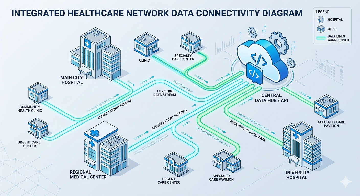 Diagram of hospitals and clinics connected to a central health data hub