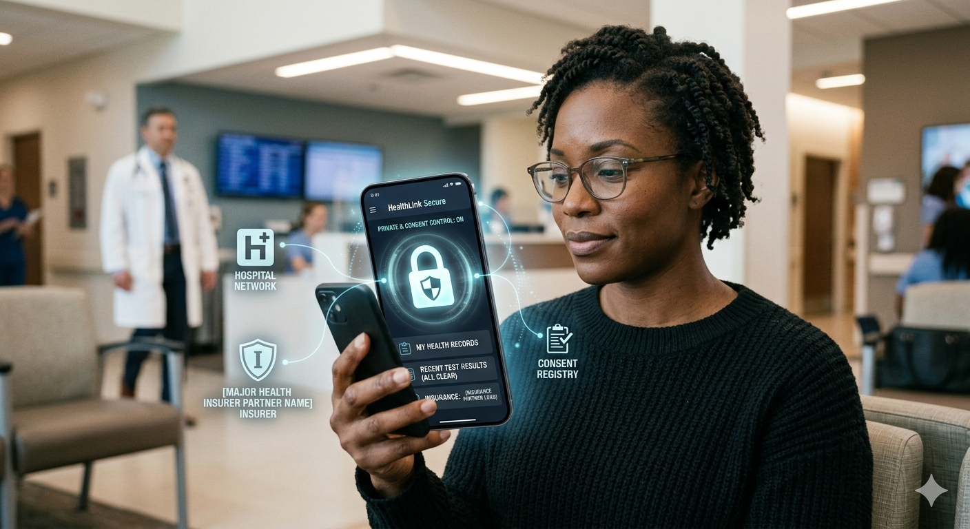 Patient viewing a secure health record app that aggregates data from multiple hospitals