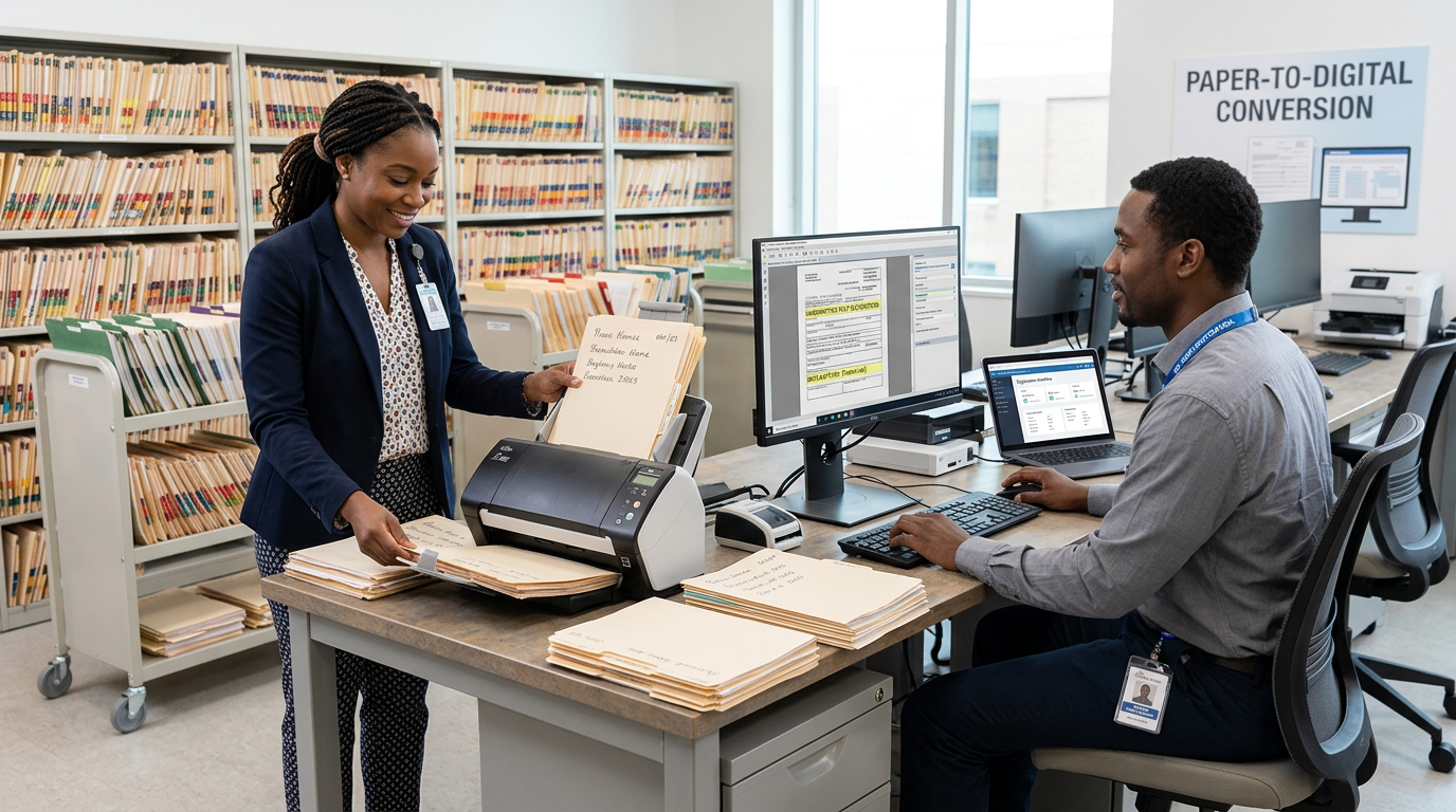 Black healthcare workers converting paper hospital records into structured digital patient profiles
